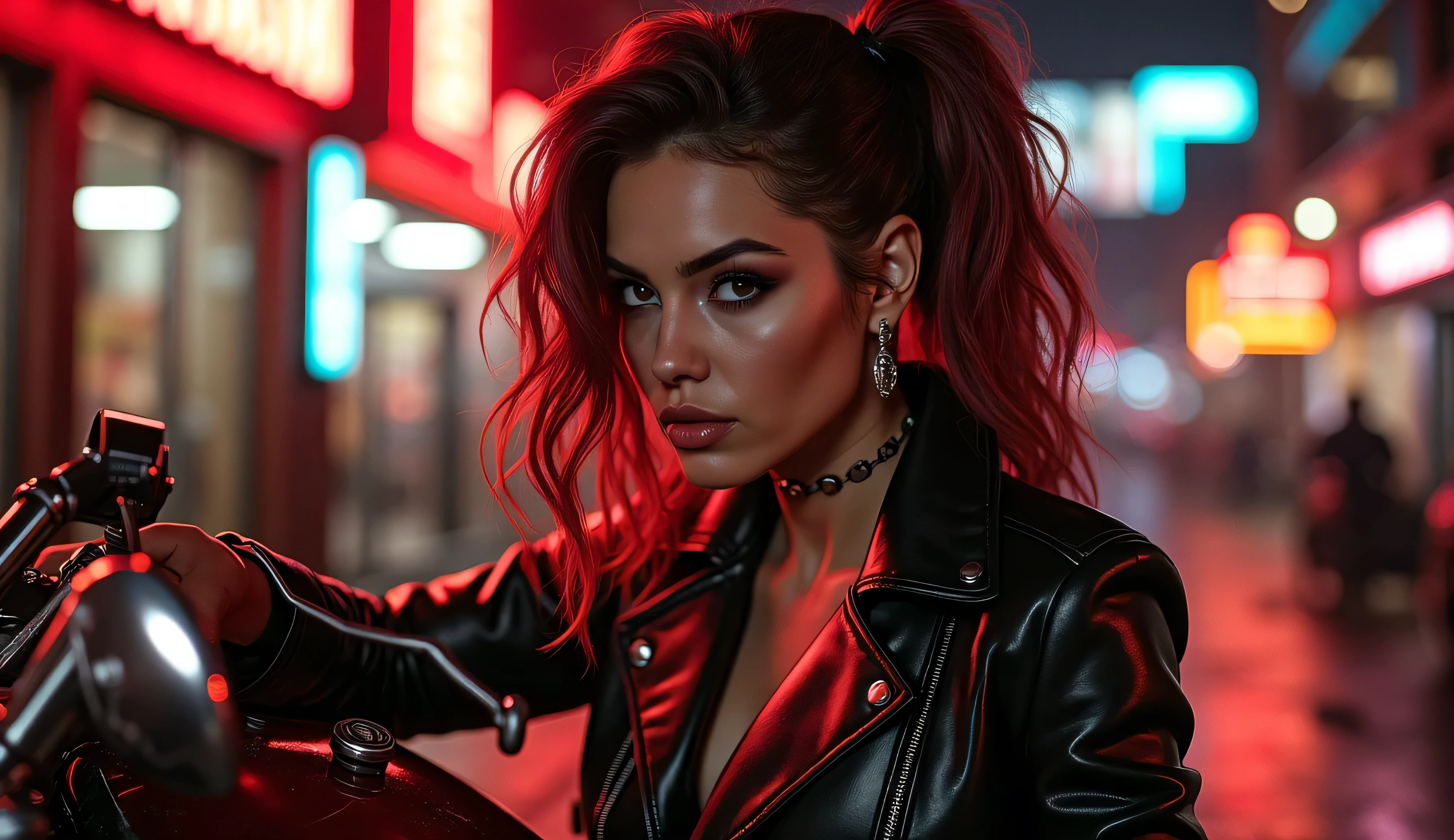 sexy harley queen, photorealistic, 8K, highly detailed, intricate, elegant, seductive, badass, female character, smirking facial expression, side profile, leather jacket, red and black color scheme, motorcycle, industrial cityscape background, neon lights, moody atmosphere, cinematic lighting, digital art