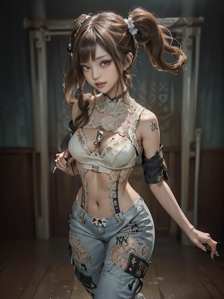 (Three Women,3 girls:1.5),(Full Body View:1.2)、(Side view:1.1)、(Smiling with teeth showing:1.4),(Shibuya Gal:1.5)、(Gothic Lolita style fashion:1.5)、(Punk RockVisual Kei:1.5)、(Wearing a rhythmic gymnastics bodysuit with intricate details:1.4)、(Racing suit and pants with intricate turquoise, denim and charcoal decorations:1.5)、(Denim and light blue and turquoise boots:1.3)、((belt))、(Numerous delicate logo marks all over the costume:1.4)、(collar:1.3)、(Polka dot underwear:1.5)、20-year-old、NSFW、((Highest quality、In 8K、masterpiece:1.3))、Sharp focus:1.2、(Layered Cut、Huge boobs:1.1),Beautiful woman with perfect figure:1.4、(Doing a ballerina pose:1.3)、Slender Abs:1.2、Highly detailed face and skin texture、Detailed eyes、double eyelid,(Twin tails:1.3)、(Brown-golden hair:1.3)、Gravure idol、(The background is the stage of the fashion show:1.3)、(Slim Body:1.3),(Make your legs thinner:1.4),(clavicle:1.1)