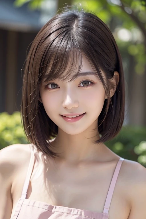 Realistic, masterpiece, Highest quality, (Tree-lined street, The background is blurred:1.3), (One girl:1.3), Photo of a woman smiling happily, (Droopy eyes:1.3), Beautiful and exquisite, (Dark Eyes:1.3), Long eyelashes, Eyelash extensions, (Hidden eyelid wrinkles:1.3), (blonde, short hair, middle part:1.3), (Swimsuit), (Full body portrait:1.3)、Stick your butt out