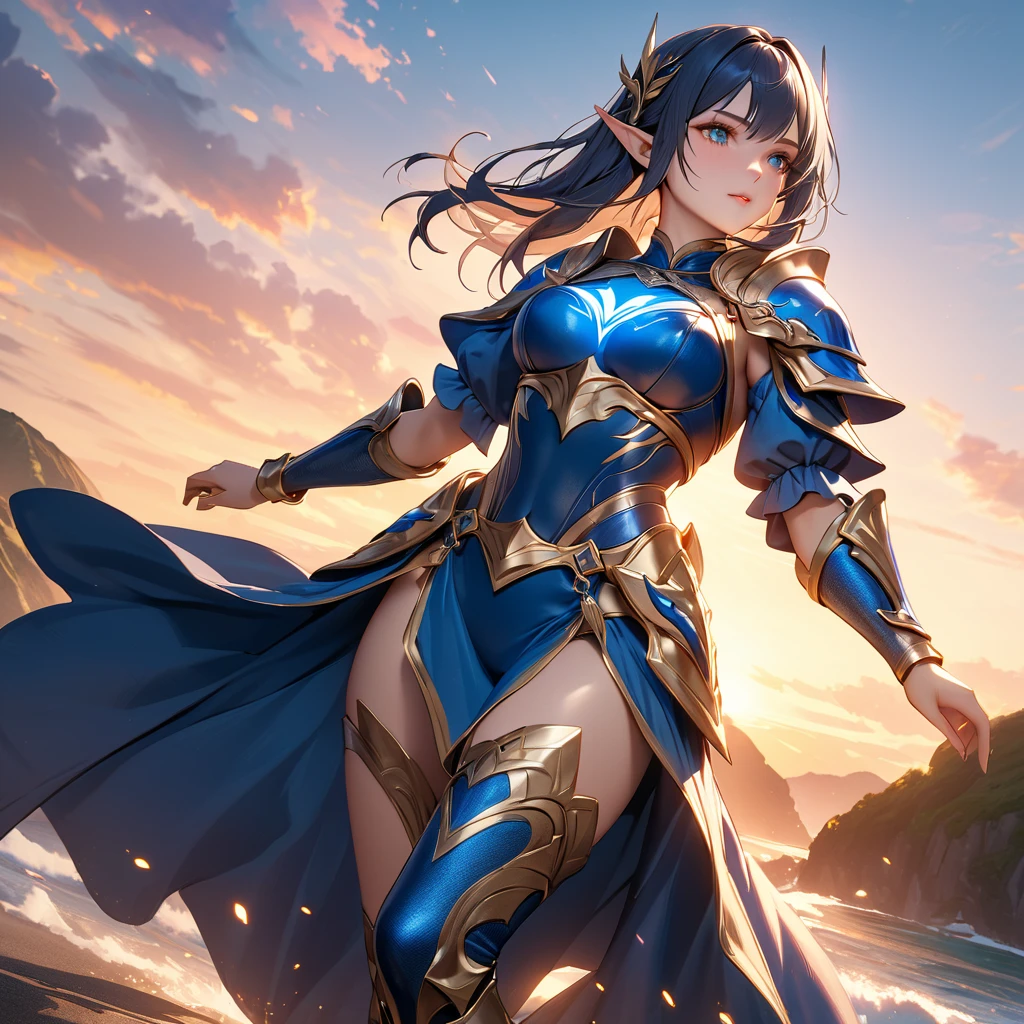 Her flowing cape, a majestic combination, drapes elegantly from her shoulders. It bears the same blue hue as her leggings, with golden trim adding royal touch. The cape billows behind her as she soars, symbolizing dedication to protection