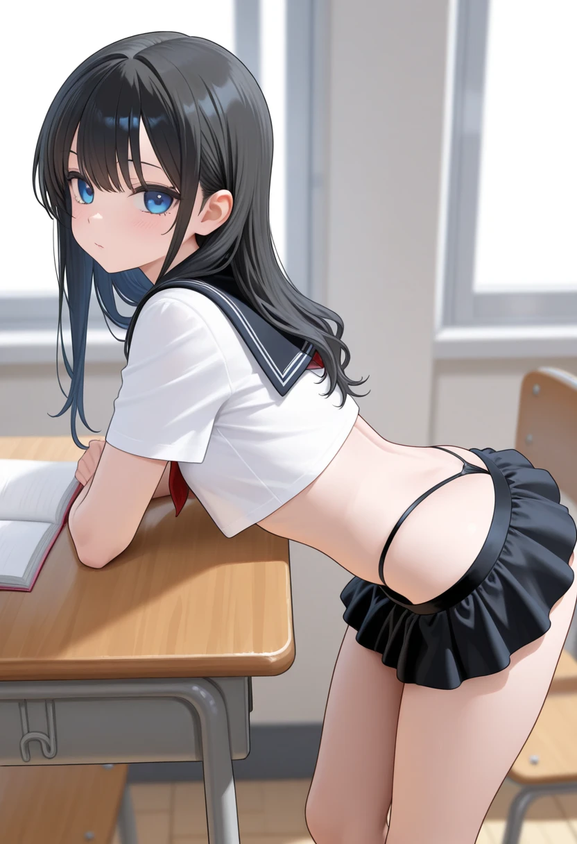 (8K、best image quality、highest quality、masterpiece)、detailed face、1 girl、golden hair、long hair、diagonal bangs、light blue eyes、earrings、Wicked Little、((toothy smile))、big breasts、((white shirt))、long sleeve、black pleated skirt、white socks、sitting,、please get on your knees、shot from the side、bed、Checkered panties、T-back