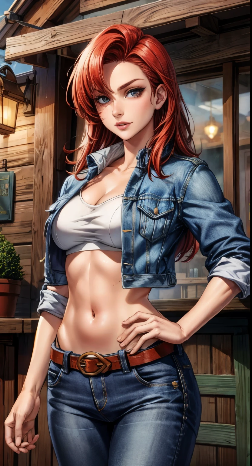 1girl, beautiful, perfect lighting, muscular, thick thighs, mature female, milf, navel, abs, looking at viewer  (masterpiece, high quality:1.1) ,cowboy hat,body freckles,barn,pale skin,red hair, braid, ,short shorts,plaid shirt, skindentation, cleavage,grin