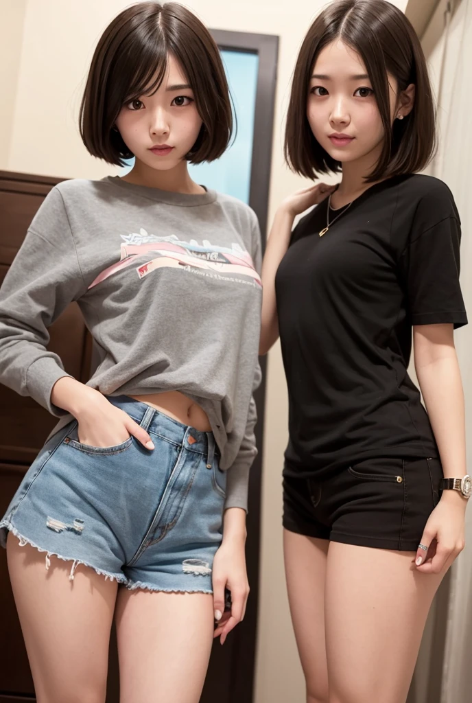 deux femmes ensemble de 18 ans sexy et mince , gray short sleeve hoodie , salle de classe, se touche,position sey,sensuel