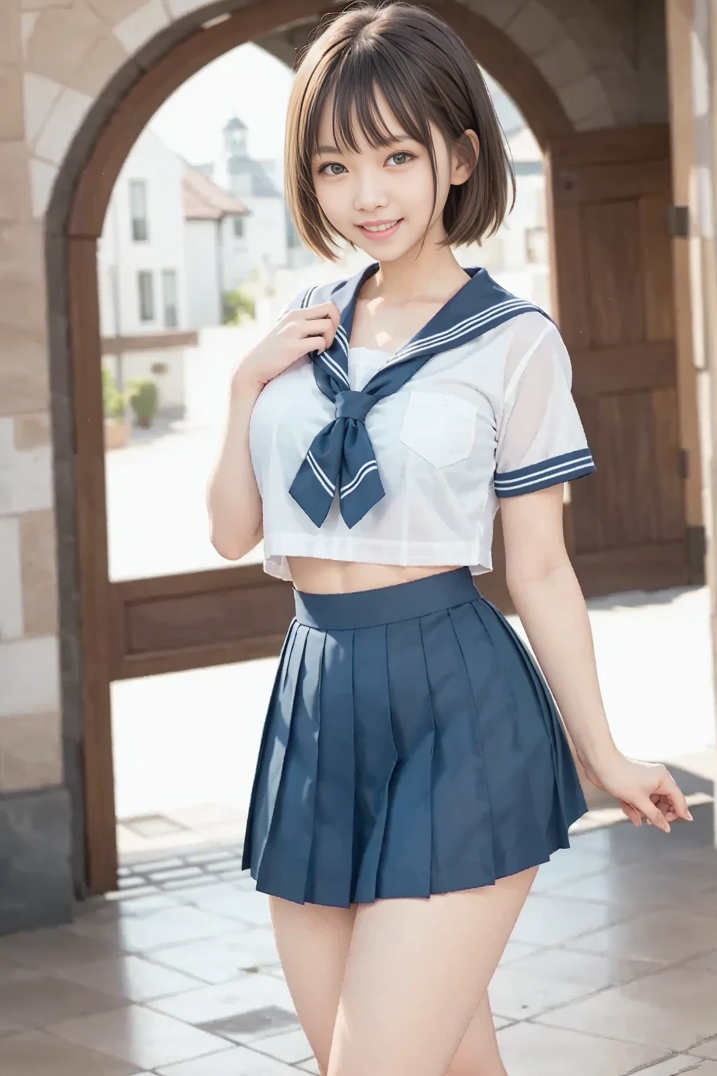 beautiful girl, brunette hair, updo hair, (((Pubic hair can be seen.))), (((Very sweet smile.))), looking at the audience, (((Lift up your skirt., Lift the skirt with both hands., Lift up your skirt.))), ((sailor suit)), ((maid)), ((Top quality, 16K, Masute Piece: 1.3)), 1 girl, facial lighting, Hyperdetailed face, Very detailed lips, detailed eyes, realistic pupils, city street、Roll up your sailor suit.、Full view big breasts,(((A thin shirt with clear.)))The hiding part is revealed.、