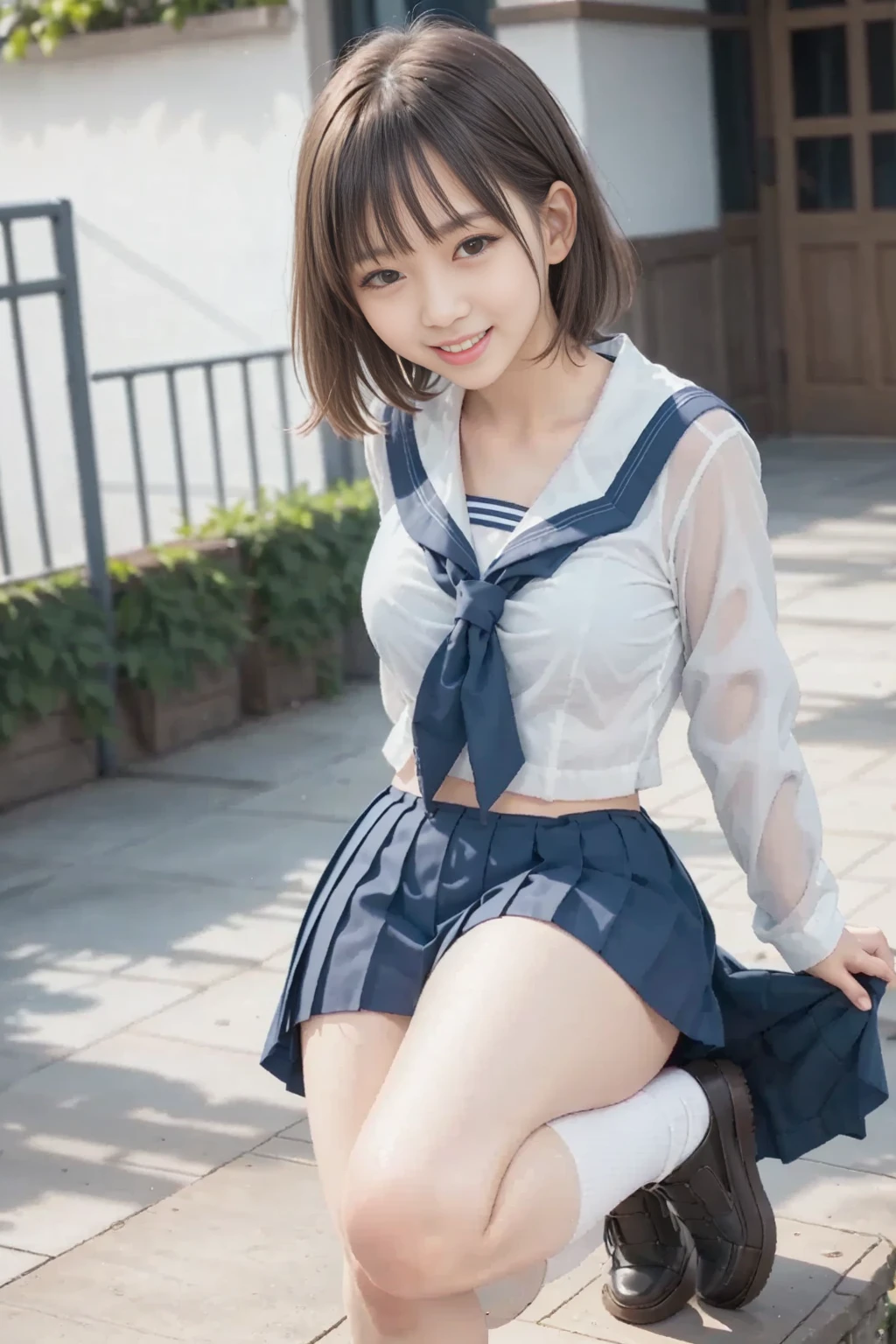 In 8K,highest quality,The real picture,Intricate details,超A high resolution,Depth Field,Masseter muscle area,Natural soft light,Professional Lighting,1 girl,(cute:1.2),Very beautiful 17 year old girl,Detailed Eyes,((Brown eyes)),(Brown Hair),(Short-haired),(Skin without bangs,Glowing Skin,Pure white skin,Fine skin,Big and ample breasts,((Perfect Anatomy,Nice hands,Perfect hands,Five fingers connected to the palm))Her panties slipped to the side、I can see her.,,Perfect bare legs,((Thighs))、Delicate legs,Perfect proportions,Sexy,Big breasts are visible,((sailor uniform super mini skirt)),(tie),Black socks,Black leather shoes,Crouched deep within the city,I can see the crotch,Show me your panties in the park,Both legs are bent,Spread your legs wide,I can see your white panties,Watching the audience