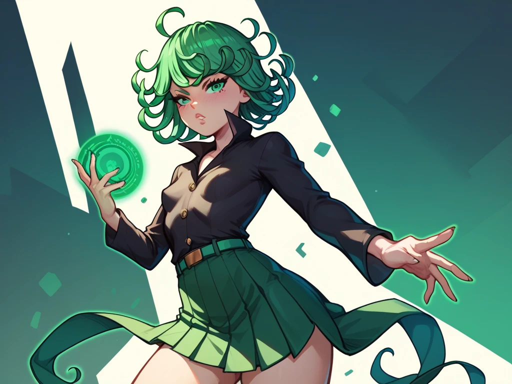 a beautifully detailed slime girl with luminous green eyes, blushing cheeks, and a warm smile, standing gracefully in a masterpiece-level illustration, ultra-detailed and high-resolution, 1boy, business suit