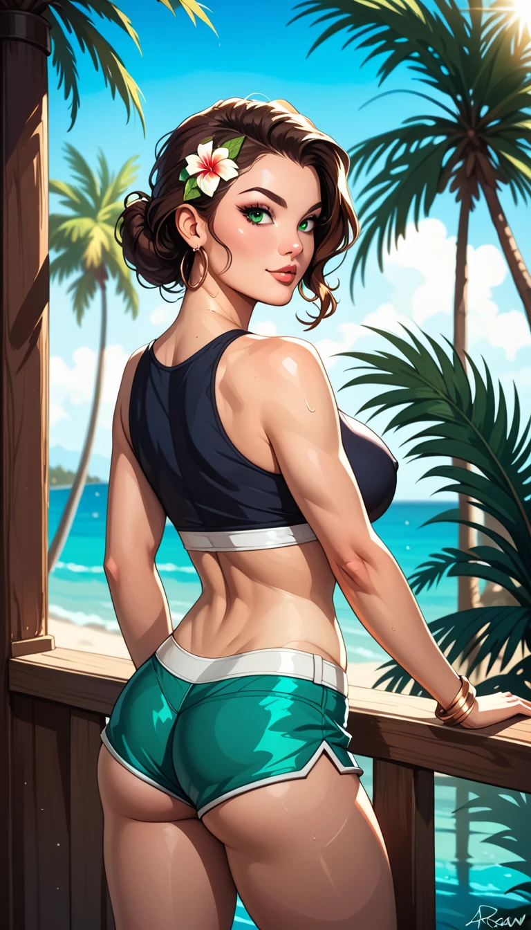 lara croft, white crop top, tan shorts, athletic, pony tail, round red sunglasses, round glasses