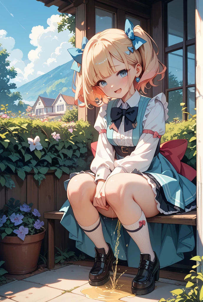 alice in the wonderland、cute little　Girl、mini skirt、blond hear、(((panty thighlet single layer or panty thinghlet)))、Wavy Hair、blue eyes、10year old、all-fours、Pussy、Wet Pussy、sigh、anal、anus、with spreading legs、spread your pussy with your hands、happy、smile、Apron Dresses、pinafore, NSFW、SEX、shairband、The clothes are fluffy、taking down my pants、tits out、Small、Spread your、show off nipple, expose breasts, small breasts,shirt lift,