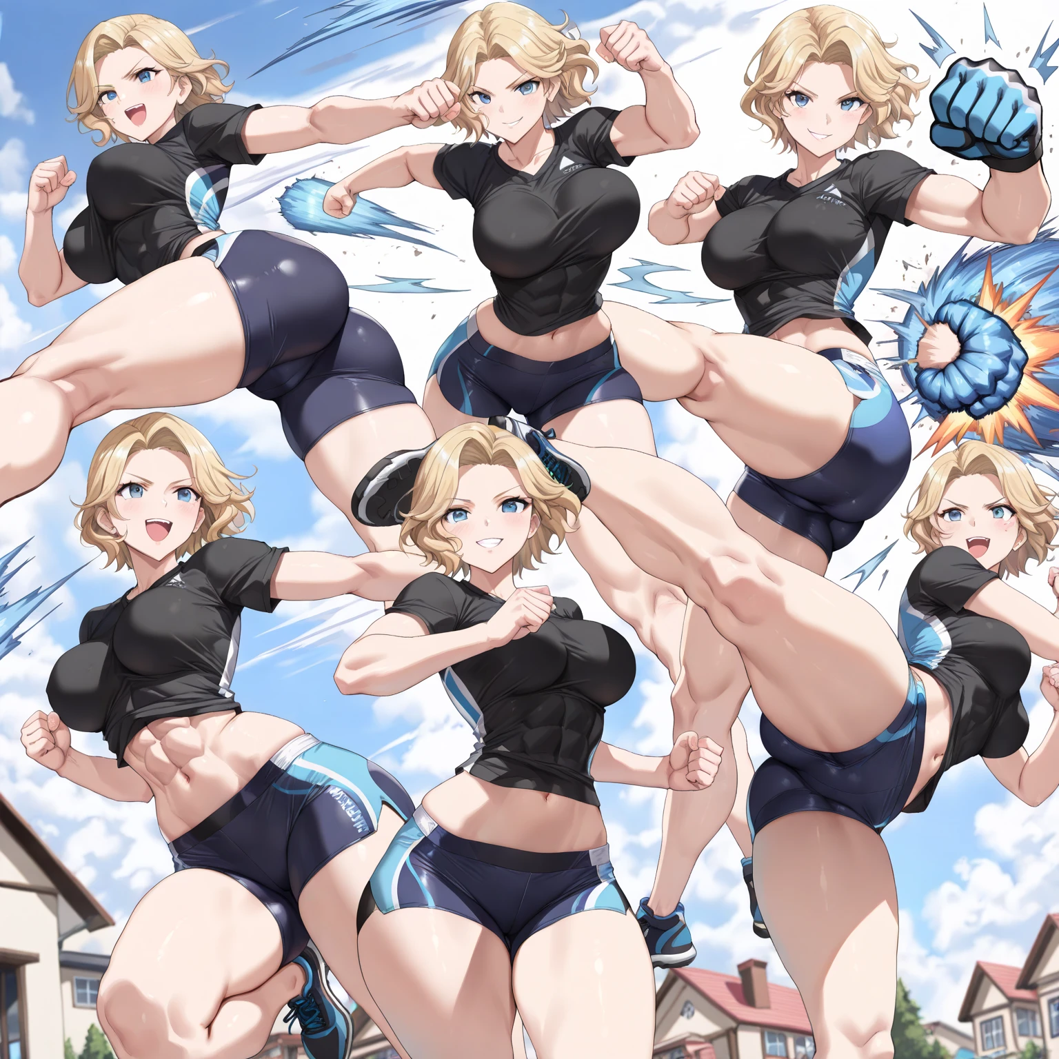 Young woman, looking at viewer, blue eyes, blonde hair, bikini, stand, fat ass, small breasts, black heels, angry, detailed, detailed eyes , middle finger, short hair, big ass, fat legs,Long legs, Boy touching his ass, boy smiling, boy with huge penis