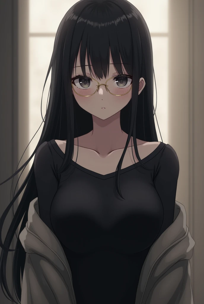 Beautiful Girl, black eyes, long hair, black hair, extremely huge breasts, slim waist, round glasses.