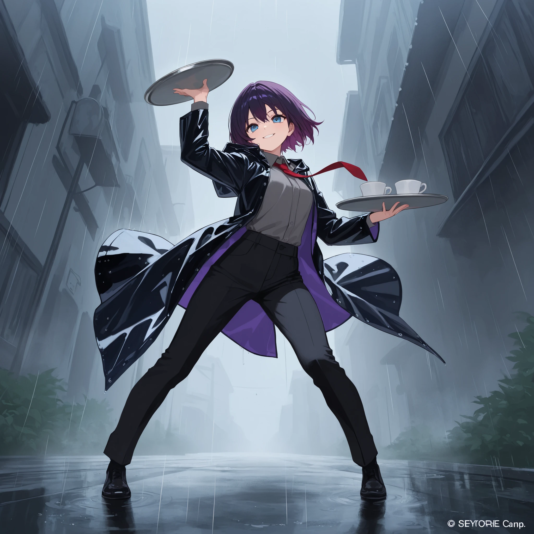 masterpiece, best quality, amazing quality, 1 girl, solo, full body, short hair, multicolored dark purple hair, smile, blue eyes, black raincoat, black trousers, gray shirt, red tie, epic pose, empty tray in hand, tray raised slightly above head