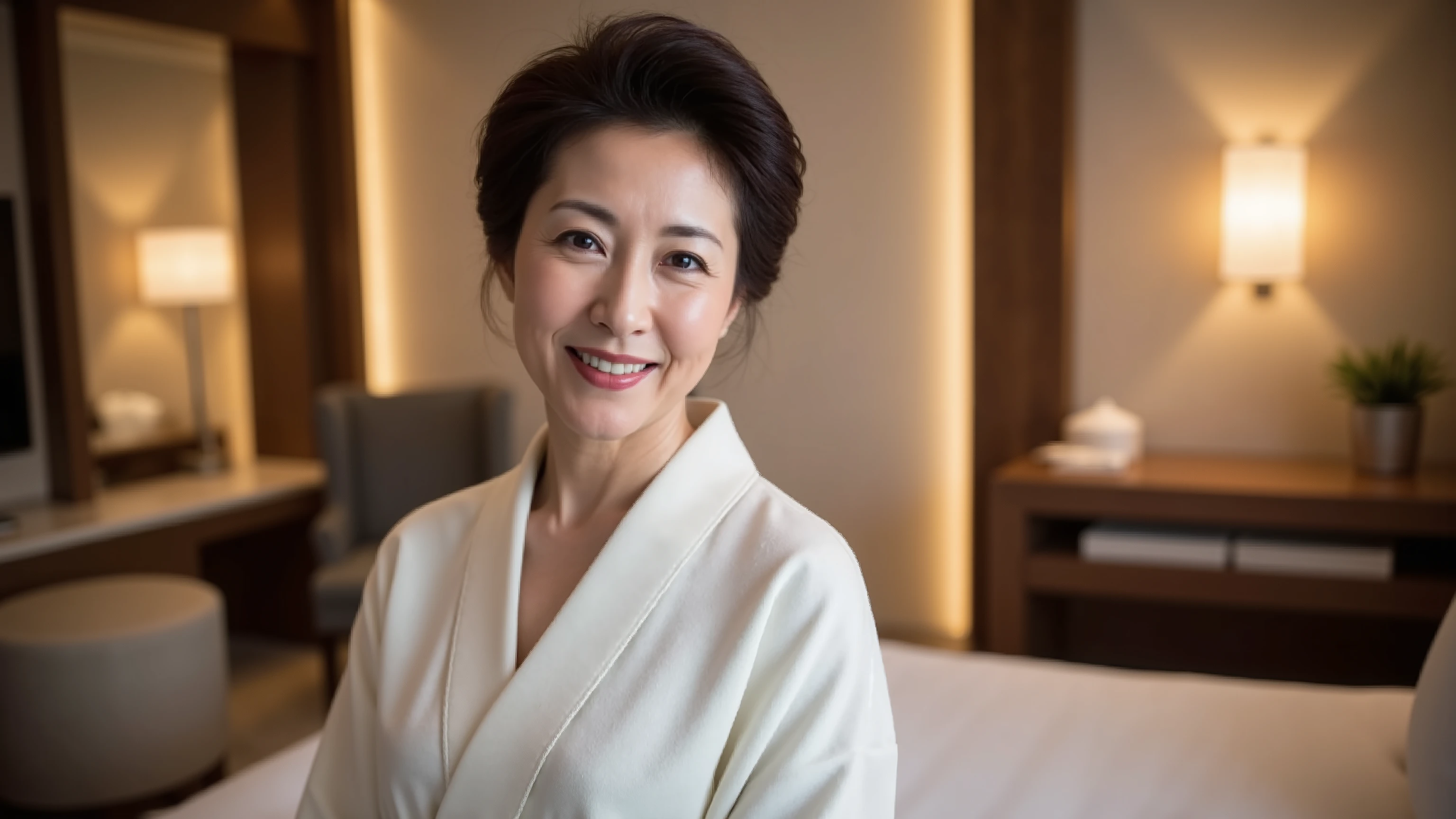 A dignified Japanese woman in her 60s, wearing a traditional white kimono, smiling gently. Her hair is styled in a neat, classic Japanese updo. She is standing in a softly lit hotel room interior, with warm lighting, elegant furniture, and a slightly luxurious atmosphere. The mood is calm and intimate.