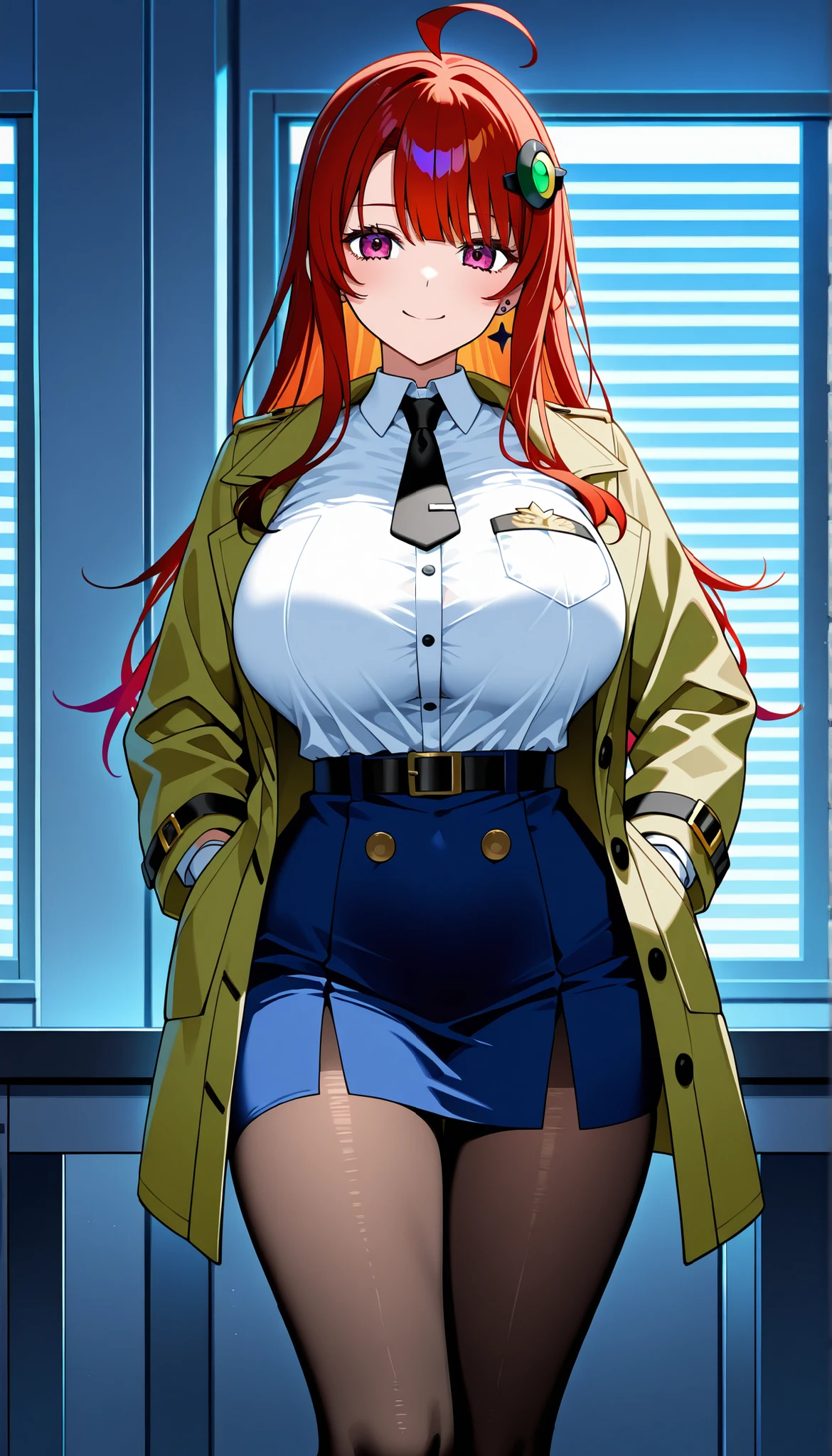 A busty female detective wearing an olive mod coat inside the police station