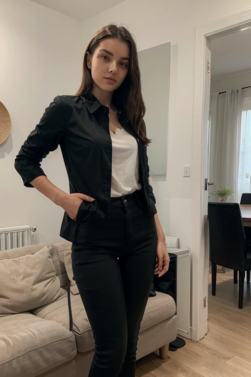 a photo of a beautiful woman, 30 years old, long beautiful hairs, dark brown hair, dark brown eyes, in a conference room,, full body, wearing white blouse with rolled up sleeves, wearing tight BLACK chino pants, the table is in the foreground, her legs are visible, the view is from 45 degrees from the side from the front, looking in the camera, red lipstic, natural light coomming from a window, there is a wann behind her, backgorund blurred, cinematic lighting, motion blur, film grain, very detailed, 30 years, dark brown eyes, high-res, masterpiece, best quality, intricate details, highly detailed, sharp focus, detailed skin, realistic skin texture, texture, detailed eyes, professional, 4k, 85mm, shallow depth of field, perfect fit body, extremely detailed, photo_\(ultra\), photorealistic, realistic, post-processing, maximum detail, roughness, real life, ultra realistic, photorealism, photography, 8k uhd, photography (grain of film) medium shot for closeup shot, longer slimer face, perfect face, HANDS ARE HIDDEN, natural legs, wearing tights, natural arms, middle size breast, charming deep eyes, flirty look. hands are hidden, UHD, masterpiece, high resolution, super realistic