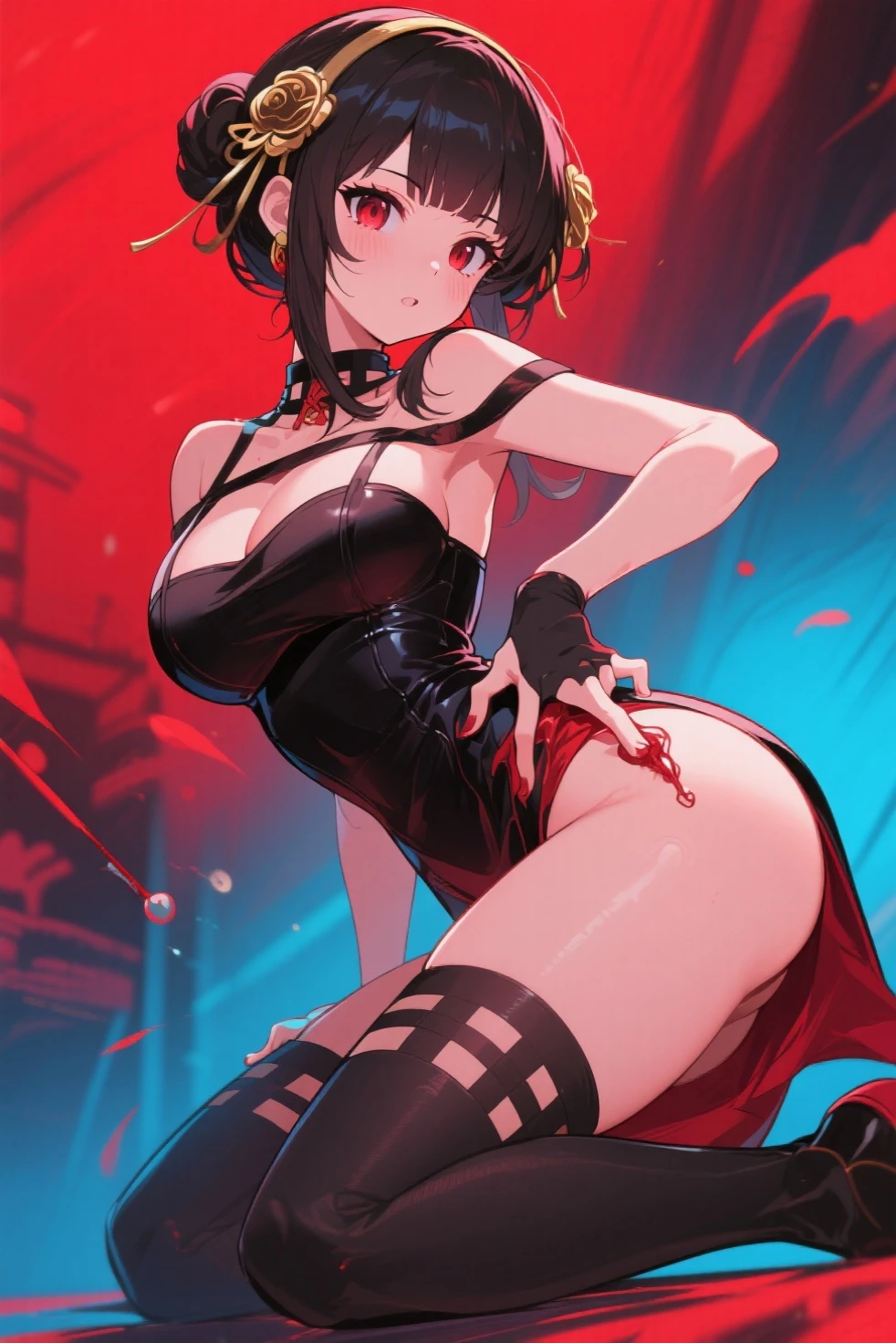 (((1girl))), ((best quality)), ((masterpiece)), ((ultra-detailed)), (illustration), (detailed light), (an extremely delicate and beautiful), (beautiful detailed eyes), (sunlight), ((extremely light)), ((extremely clothes)), (((hyper detail))),(((((front lighting))))),(((((front light))))),
((((quite adorable magical dress with brief pleated skirt and magical hat)))),
, (((Necromancer))),
(((short bob))), ((((black hair)))),
(((crystal black eyes))),
((((whole body)))), aged 5 to 8, ((((())))), (((((quite adorable young girl))))),
(((condescending expression))), (mischievous smile with sexual satisfaction), (((extra adorable))), (((extra slender shape))),
(((extremely beautiful detailed face))),
((elegant magic gloves)),
((elegant magic boots)),
(((bravely and dynamically attacking enemies with a Magic of red clouds))), ((Dutch angle)), (((magical red and black panties))), ((((rear view)))),
(((()))),
(((extremely thin thighagical stockings)))