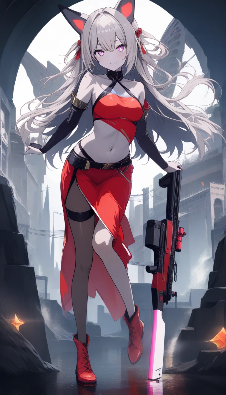 (masterpiece), best quality, lot of details, 1 girl,solo, huge breasts, armor, future, <lora:Lucia Crimson:0.8>, Lucia Crimson, white hair, horns, cyberpunk background, scarf, standing, cowboy shot, covered breasts,