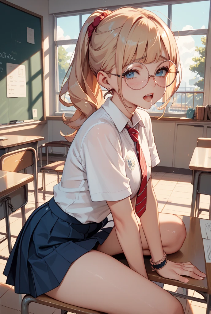 1girl, solo, full body, (masterpiece:1.21), (best quality:1.2), colorful, (illustration:1.2), (cinematic lighting:1.1), (spread legs:1.3), tiny girl, japanese school uniform, short skirt, blonde, pigtails, bangs, sweating, smiling, in a park, backpack on her back, holding a book, glasses,