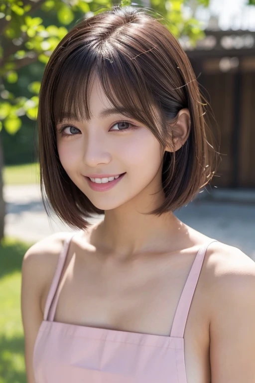 (Surrealism, natural lighting, masterpiece, super detail, anatomically correct), (smile, Look at camera:1.3), (realistic high school girl, surreal girl, , slim waist and large breasts style, short height, younger sister girl, round face, eyebrows downward, short bob cut, black hair, bangs, one earring, lively eyes, light blush, Look at viewers, affectionate cute:1.2)