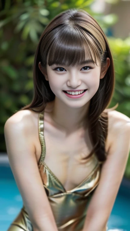 Highest quality, masterpiece, (Realistic:1.2), 1 girl, Grin, 14 year old dark skinned arab girl, head shot, Upper Body, Baby Face, Ultra detailed face, Light brown hair with two braids and bangs, Hourglass Shape, Oily skin, Golden Bikini, (Small breasts:1.4), She sweats easily, Qatar at dusk