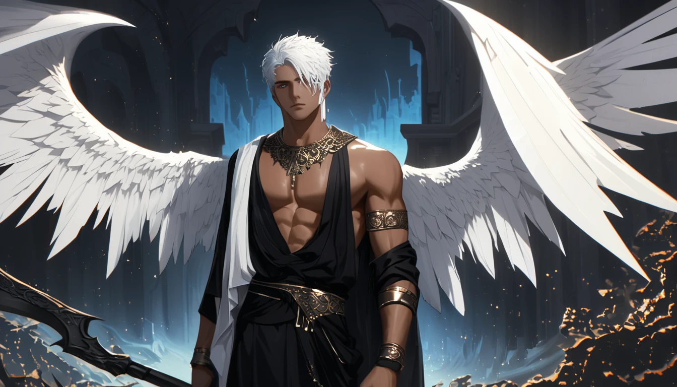 1 Boy, white hair, dark brown skin color, black feathered wings, Blindfolded