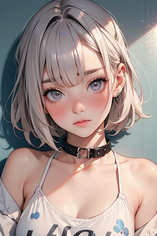 ((woman with tattoo on chest)), girl, Short white hair with bangs, Black strands of hair, Purple eyes, White T-shirt and panties, Pendant around the neck. Natural and beautiful standing posture, Crisp and realistic body detail. 超High resolution.Photorealistic:1.4,超High resolution. Realistic，High resolutionで, masterpiece, Highest quality, Very detailed, Better Shadows, Volumetric lighting), super high quality, High resolution, 8k, Ultra-Realistic Portraits , Photorealistic, Dynamic Lighting, Volumetric lighting, Very detailed顔,(NSFW:0.9),Large Breasts,