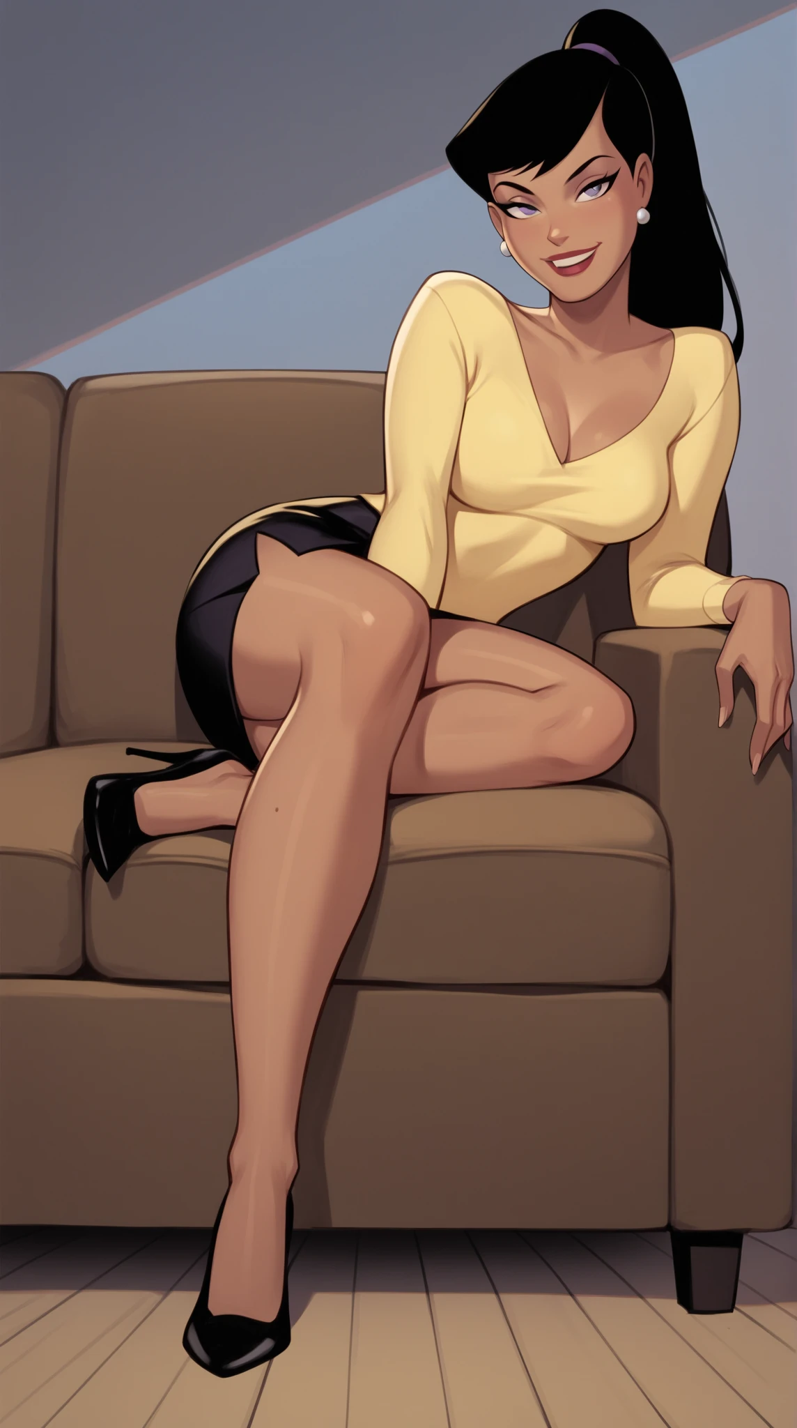 Girl in a suit, barefoot, showing feet, sitting, crossed legs, short hair, brown skin, ceo office on the top floor with glass in the background, low angle