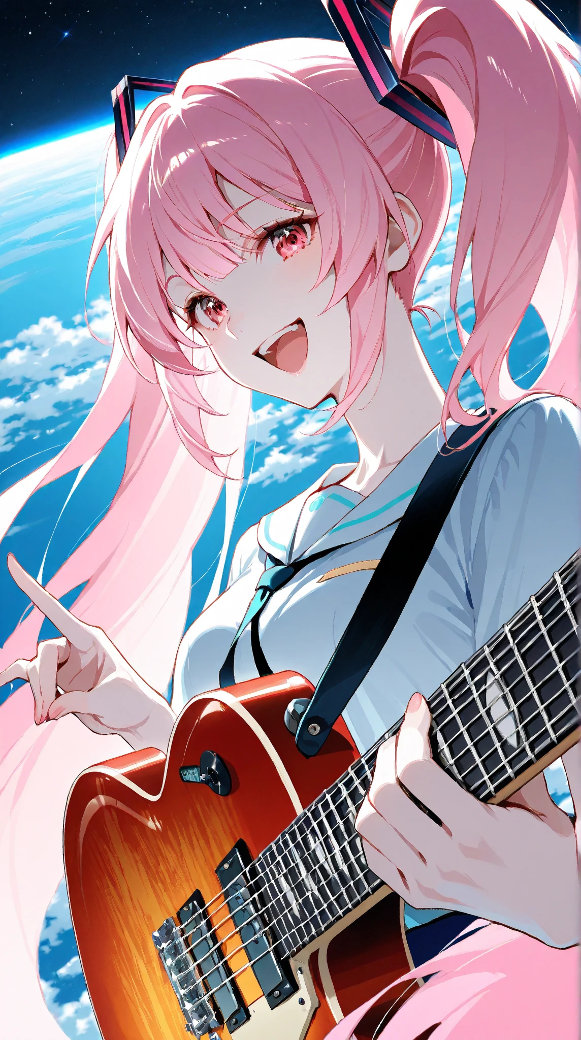 Coral pink hair，Long hair，hair over one eye，Gray eyes，feather hair ornament，cute，Girl，Smiling expression，Happy and happy expression，White short sleeve，White skirt，Clothes tied around the waist，Holding a guitar，Lead singer，There is a microphone，Happy singing，whole body，Don't show your arms，The background is the stage of the music festival，Blue sky and white clouds