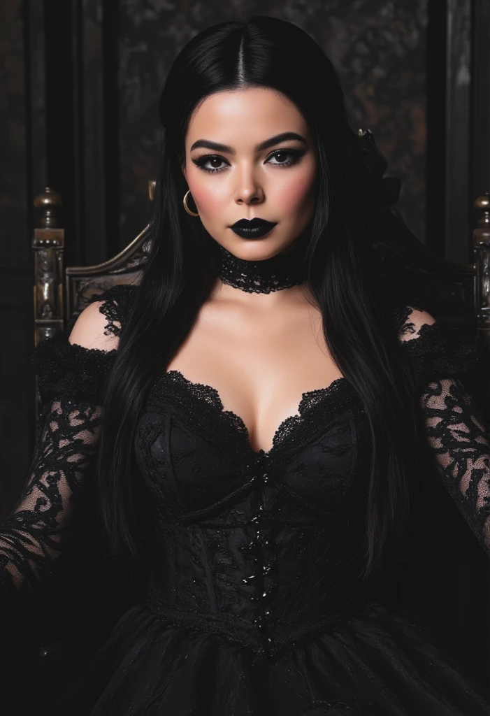 The girl is beautiful, with fair skin, long straight black hair, and is wearing a masquerade mask from a masquerade party. She is approximately 27 years old and is Argentine. The raw, unfiltered picture shows a cute, fit girl with long, straight black hair. She has fair (white) skin, a pronounced bust, and no piercings or tattoos. She is wearing clothes and a masquerade in all the photos. The model wears glamorous and striking talk show host attire, showcasing her influential persona while interviewing imaginary celebrity guests. She stands out with elegant gowns and statement accessories that emphasize her influencer status. She wears a masquerade