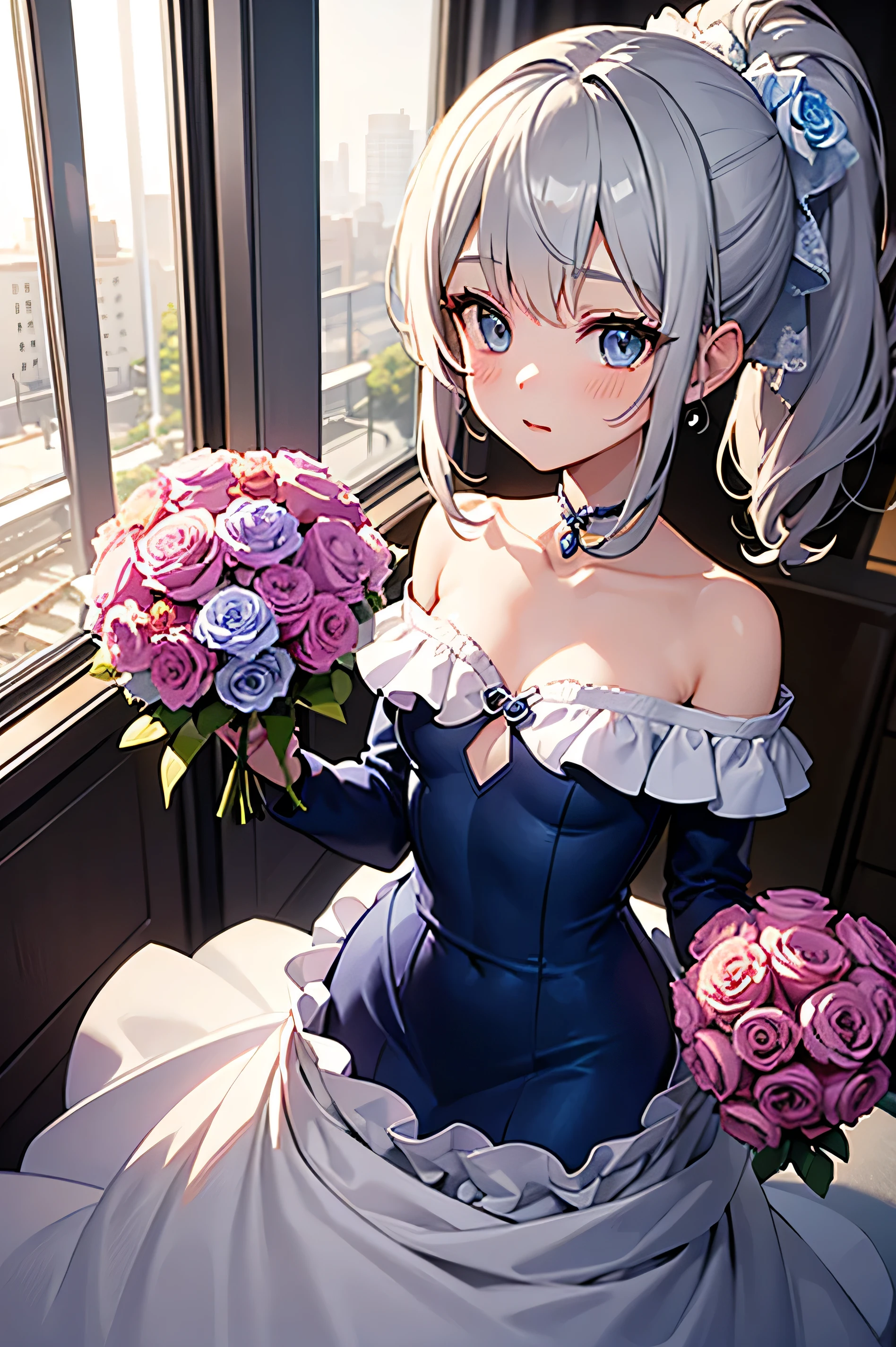 ((masterpiece)), (((best quality))), ((ultra-detailed)), ((illustration)), ((disheveled hair)), ((frills)), (1 girl), (solo), alternative costume, arm strap, bangs , blue flower, blue ribbon , blue rose , blunt bangs, bouquet, braid , breasts , bride, cleavage , clothing , cross , cross (symbol), :d , dress , emblem , falling petals , female , female only, flower, flower necklace,yellow-green eyes, grey hair , hairclip , hair flower, hair ornament, hair ribbon, hat, hat flower , headdress , headwear, holding , holding bouquet, holding flower , holding object, jewelry, large breasts , looking at viewer , maid headdress , medium hair , necklace , number , open mouth , open-mouth smile, petals, ribbon , rose, rose (flower), short hair, silver hair, single braid , smile , tied hair , wedding dress , white dress, white hair,