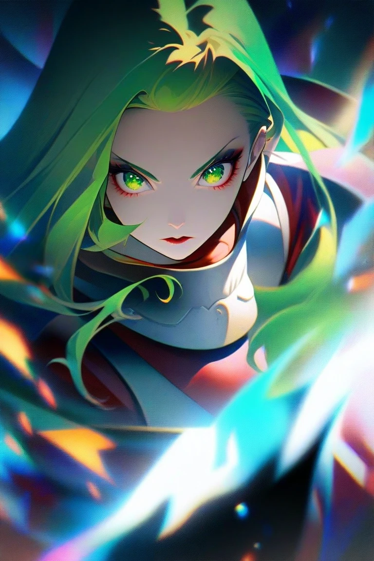 Beautiful, HDR, Volumetric lighting, gust of wind, Cute Anime Woman, 1girl, solo, pastel goth, outdoor, green hair, druidic, healer magic, final fantasy, hood, will-o'-the-wisp \(mythology\),