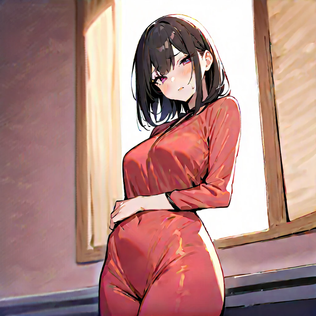 masterpiece, best quality, high resolution, 1girl, thigh strap, sitting, hands on hip, worried, curvy, waist, red face of shame, short hair, neckline clothing, white fabric