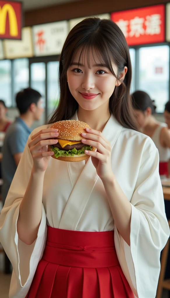 (First Person),(((Perfect anatomy with detailed depictions of the limbs))),(((Capture the essence of the action and never miss a photo opportunity))),4k,One person,Everyday life in the city,Shiho-san has a slim, muscular body with a beautiful E-cup bust and a coke bottle-like body.,(The mobile delivery vans on the street corners are impressive),(((A high neck front zip sleeveless shirt and red checked linen baggy pants look great on him.))),(((She is carrying a handbag, wearing pumps and buying a hamburger with a smile))),The coke bottle body with a slim waist is irresistible,(RAW shooting, Photorealistic:1.5,4k, highest quality, masterpiece, Ultra-high resolution), Perfect dynamic composition:1.2, (Chestnut brown eyes filled with a clear light, Beautiful Eyes:0.8), (Mature:0.9, Fascinating:0.9),((Bust-up shot from the side with the surrounding background))),Ultra-Realistic Skin,Beautiful expression,A handsome face with a high, straight nose, clear chestnut eyes and glossy lips.,Using a Nikon D5,Setting is F value 1.4 ISO100 Shutter speed 1/500,4Khighest quality,Use the contrast of light and shadow to create an impressive photo with a background that uses darkness and lighting.,