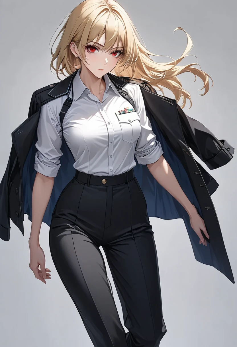 B4S3Outfit, 1girl, power (chainsaw man), horns, solo, (realistic:0.5), masterpiece, solo, ray tracing, DOF, HDR, mascara, shiny hair, medium breasts, ((looking at viewer)), (playmate pose:1.1), (full body:1.1), ((8k wallpaper)), ((highres)), necktie, long hair, red horns, blonde hair, shirt, red eyes, black necktie, symbol-shaped pupils, breasts, jacket, white shirt, looking at viewer, blue jacket, pants, (hand_in_pocket :1.4), demon horns, cross-shaped pupils, collared shirt, hair between eyes, black pants, (grassfield_background:1.5), (blue sky:1.3), (sun:1.3), (moutain:1.3),