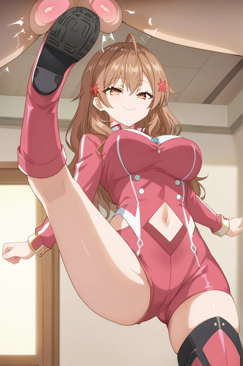 android 21, pose lateral, She is sideways to the spectator, sideways to camera, long brown hair, blue colored eyes, plaid dress, pantyhose, looking to the side, pose lateral, standing, ele está standing, serious, legs spread open, livingroom, light bulb, high qualiy, work of art, legs thick, big-ass, body healed,