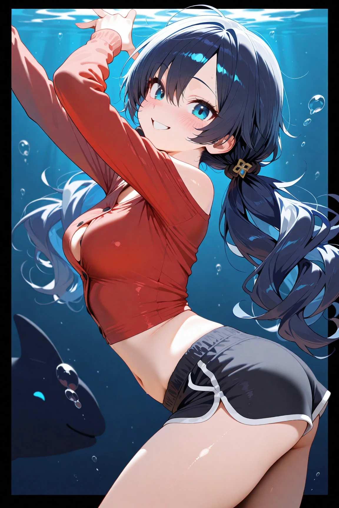 ((best quality)), (ultra-detailed), ((extremely detailed)), (beautiful), ((kawaii girl)), (black:1.3) hair, red (colored inner hair:1.2), long hair, straight hair, swept bangs, asymmetrical bangs, hair intakes, ahoge, kind smile, red eyes, medium large breasts, BREAK, 比基尼, beautiful scenery, underwater, water drop, dynamic lighting, light particle, sunlight, shadow, (air bubble:1.2), reflection, extremely detailed CG unity 8k wallpaper,White hair band、Red eyes、Black Hair、Yor Briar、smile、Bubble、Floating、るBubble、dive、One girl、undersea、diving、Water flow、Wet T-shirt