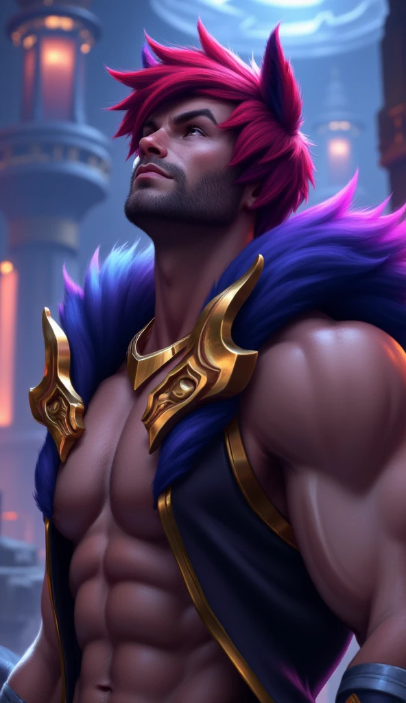 Boy with two big horns, big earrings on ears, elf ear, red eyes, Thick eyebrows, evil smile, grinning,red body, red face, Burning skin, yellow diamonds glistening on chest, burning red skin,golden robe behind, big white belt , 8k , realistic, scary, close-up of a person wearing a gold costume with a spear, inspired by Alpha Crimson Warrior, mobile legends splash art, fuchsia skin under armor, official splash art, shaco from mobile legends, mobile legends style, splash art, mobile legends splash art legend, iconic character splash art