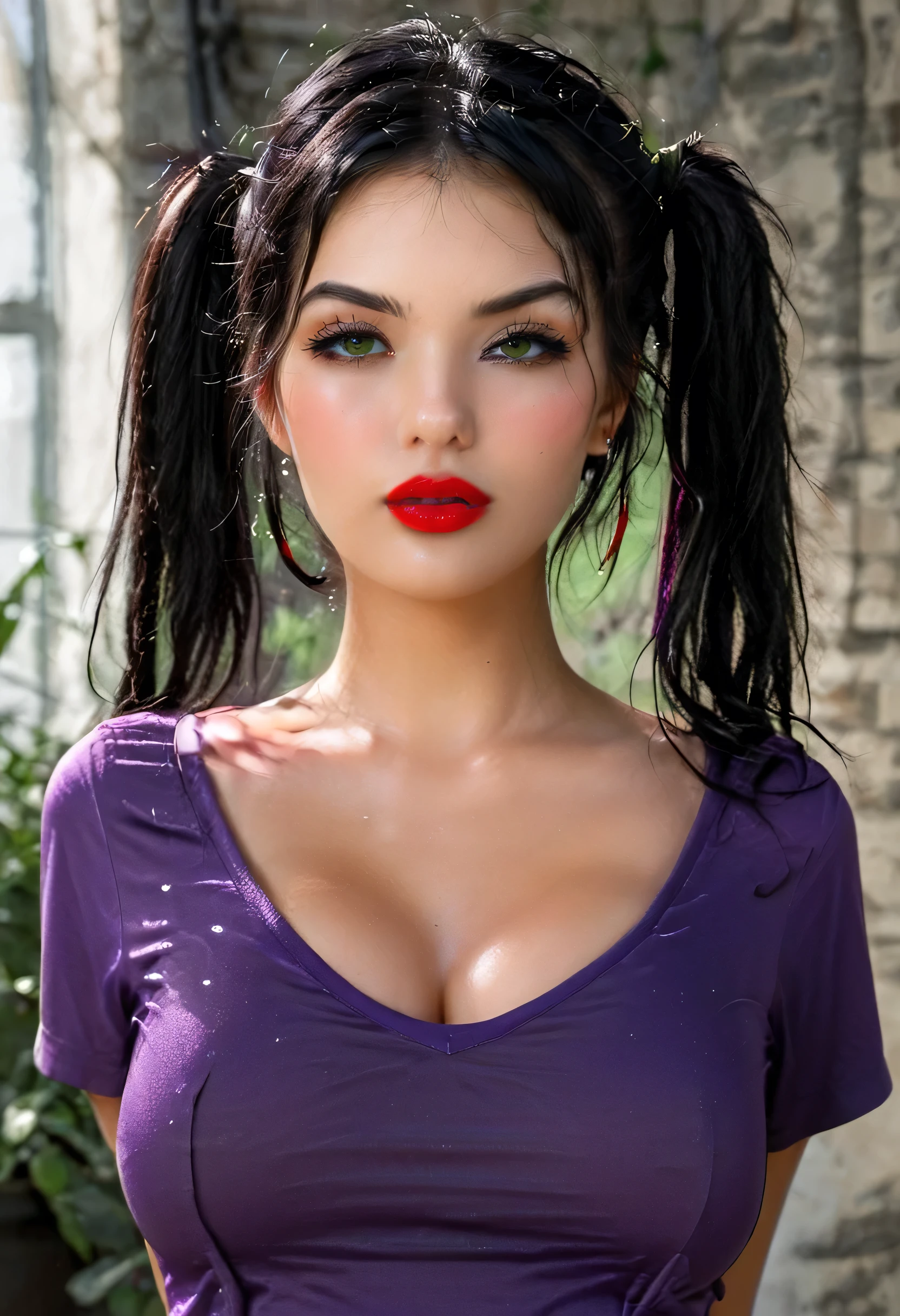 perfect face, black hair, twintails hair, black thin eyebrows, green eyes, nose, lips, red lips, parted lips, collarbone, big breasts, purple shirt, arms behind back, looking at viewer