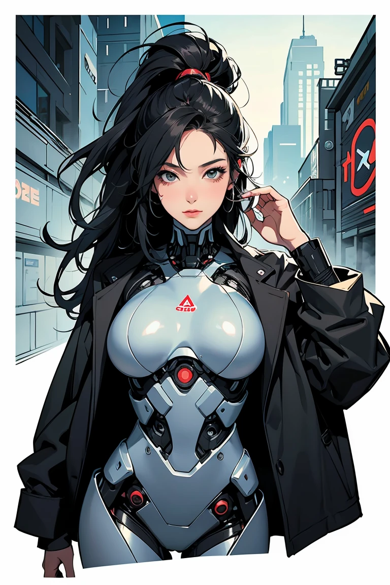 (best quality,ultra-detailed,realistic:1.37),woman cyborg,red eyes,evil,anime,huge ,sleek metallic body,expressionless face,glowing circuits,enormous energy blade,mechanical limbs,dystopian city backdrop,neon lights reflection,dark and ominous atmosphere