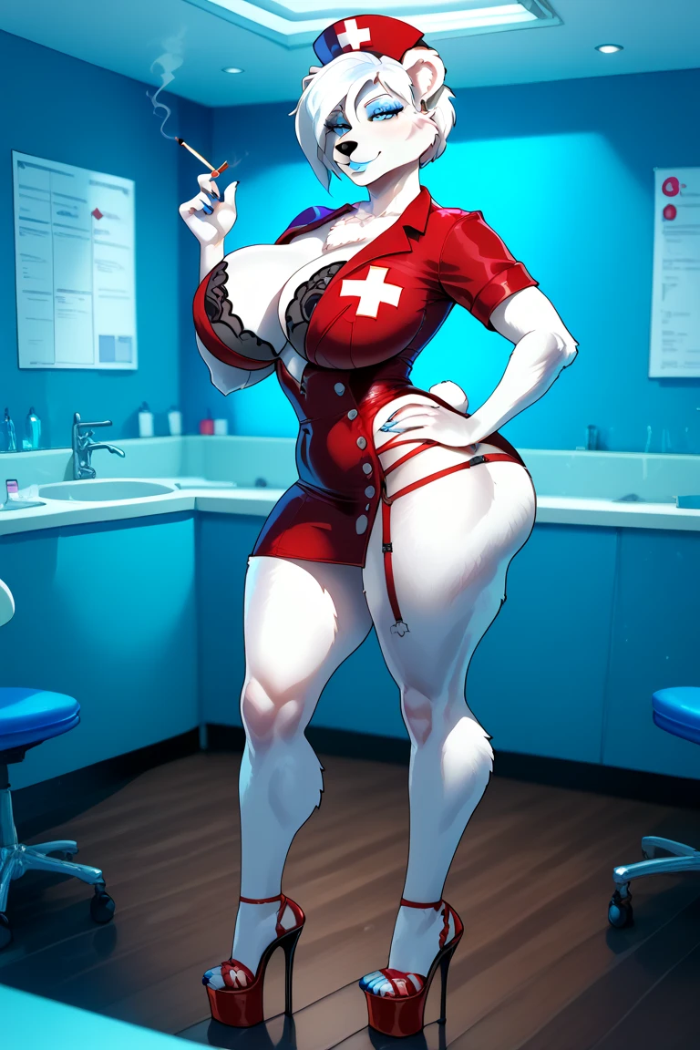 Girl,Muscular female,Muscular thighs,Muscular legs,Room,standing , Alternating muscle sizes, nurse uniform,Open mouth,white pantyhose
