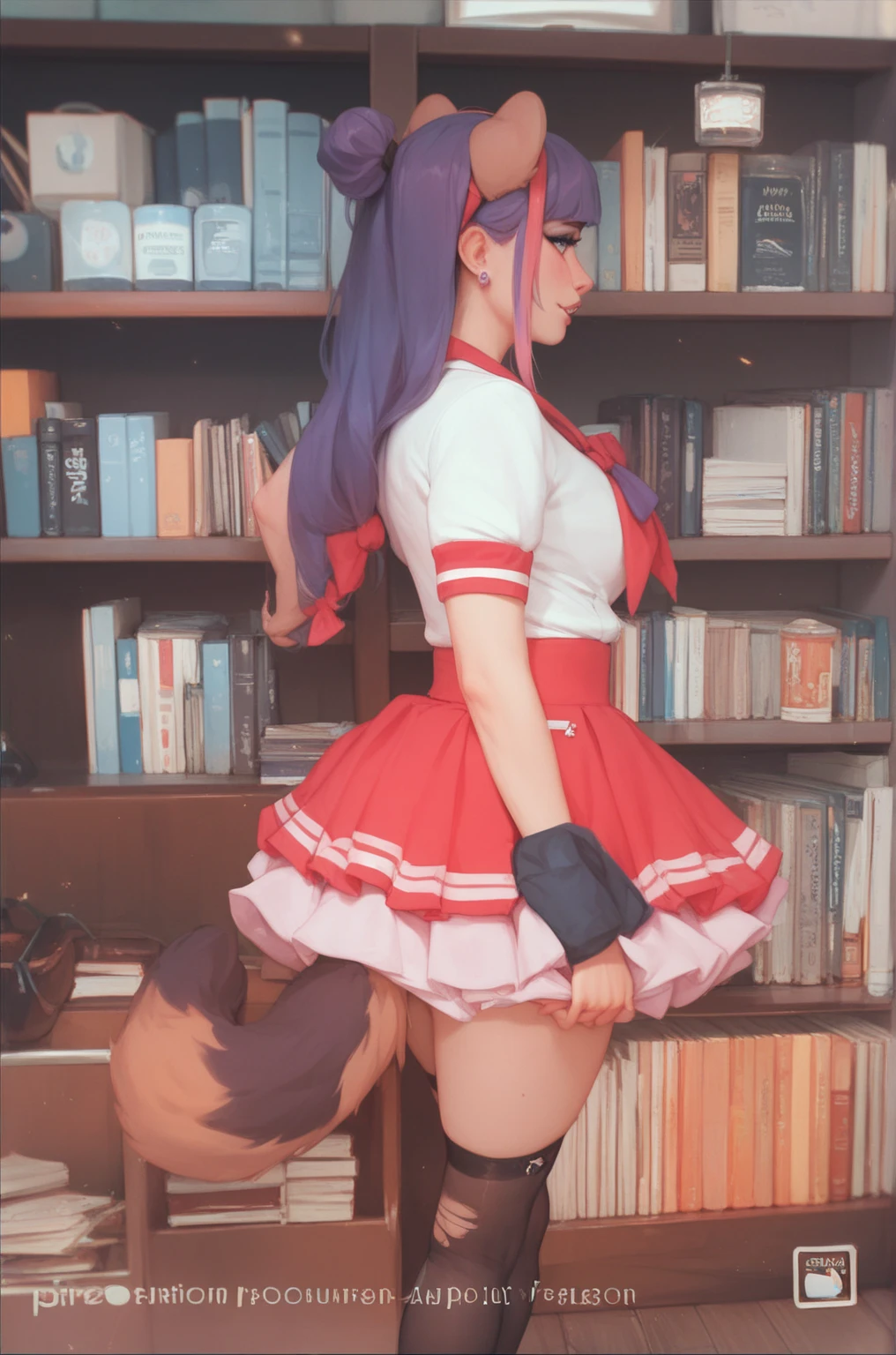 <lora:Athena97final:0.8>,(masterpiece, top quality, best quality, beautiful and aesthetic:1.2),photo of 1girl, athena97, purple eyes, purple hair, long hair, earrings, red shoes, red hairband, star hair ornament, (white socks:1.1), squatting, medium breast, red open vest, white turtleneck, white puffy sleeves, short sleeves, red pleated skirt, deep red pantyhose,yellow belt,(puple spherical necklace:1.3), red fingerless gloves, outdoors, sunlight, cosplay photo, street simple background,realstic