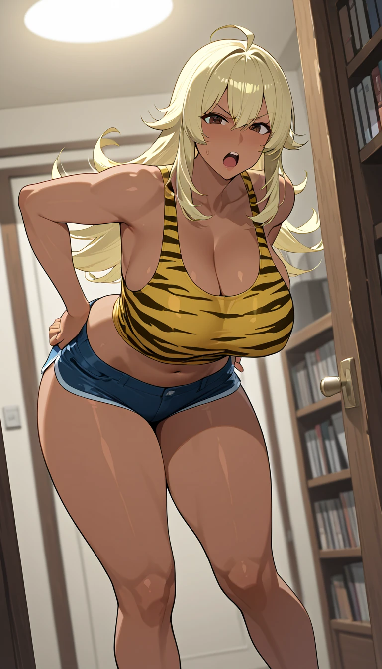masterpiece, best quality, extremely detailed, 1girl, milf, solo, (muscular:1.2), Mizore Shirayuki, (huge breasts:1.7), ((((blonde hair), long hair, blue eyes, slit pupils))), parted lips, (((bikini, cow print bikini, navel, pleated skirt))), ((naughty smile), closed mouth), ((bedroom)) 