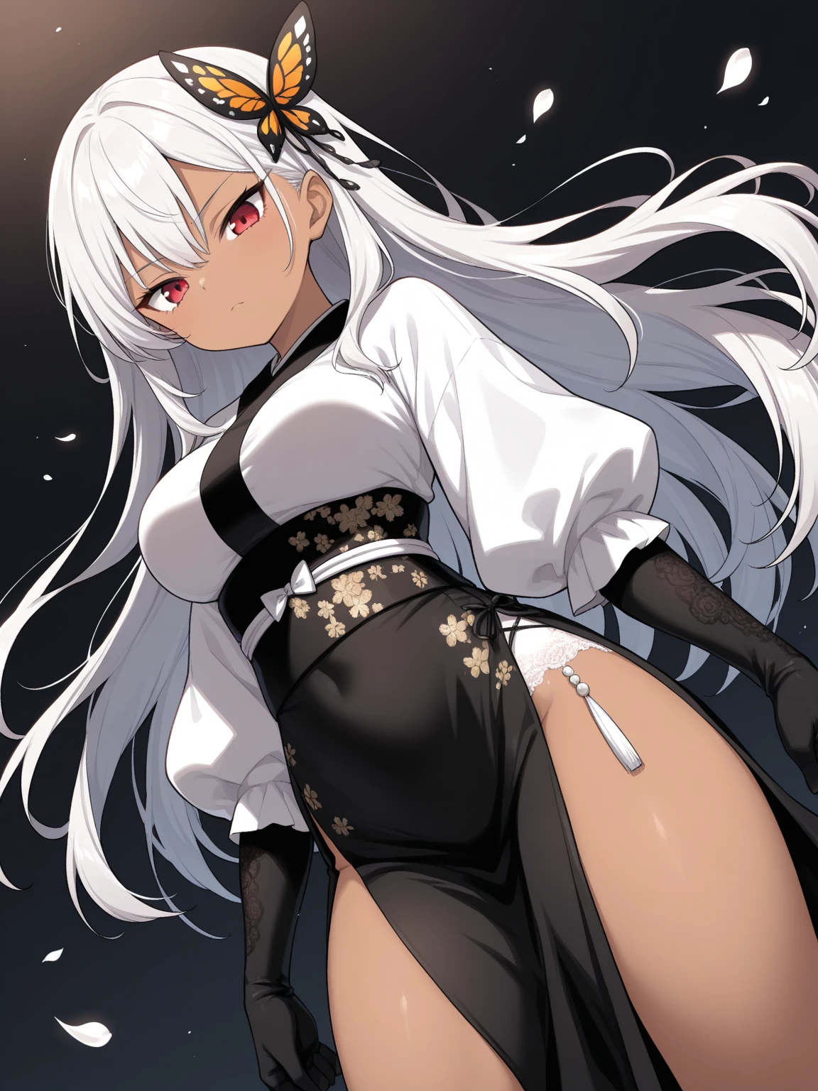 For a girl who has voluminous white hair tied in a ponytail, wears a black blindfold, Wearing black clothes and a sexy black skirt