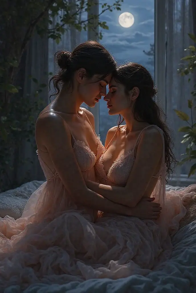 two girl kissing,,(bright lighting,romantic setting),dreamy background,,dark hair, mesmerizing gaze, , soft skin, alluring beauty, artistic portrait, high-quality image, vibrant colors,translucent long silk gown, mosquito net, lying down, romantic bedroom,bondage