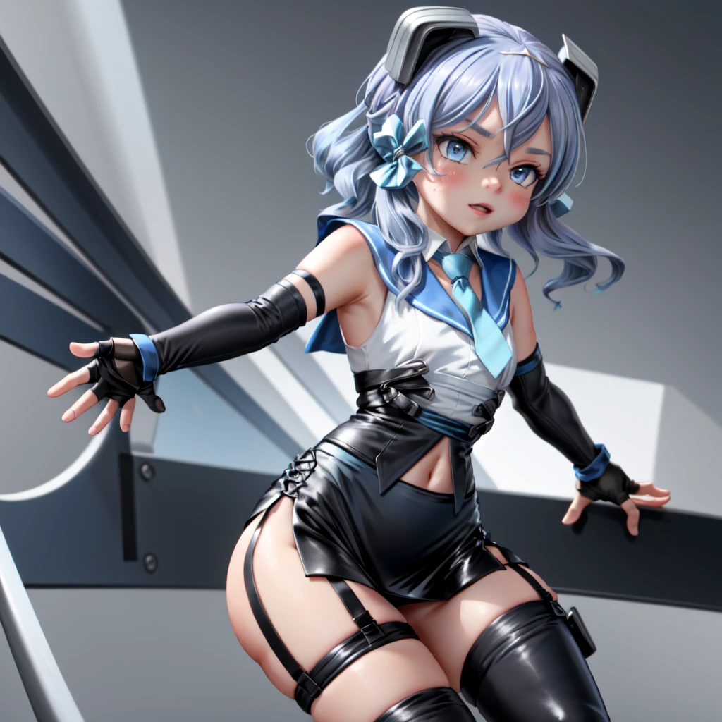 Super cute girl，In 3D screen，Soft-focused chibi as minimalist background，She wears a white miniskirt，Wearing a blue visor，Smiling，She has a navel。