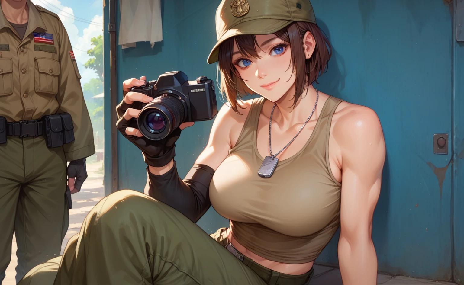 Girl, explorer, crop top Hiking outfit, showing navel, camera , taking a picture of some insect 