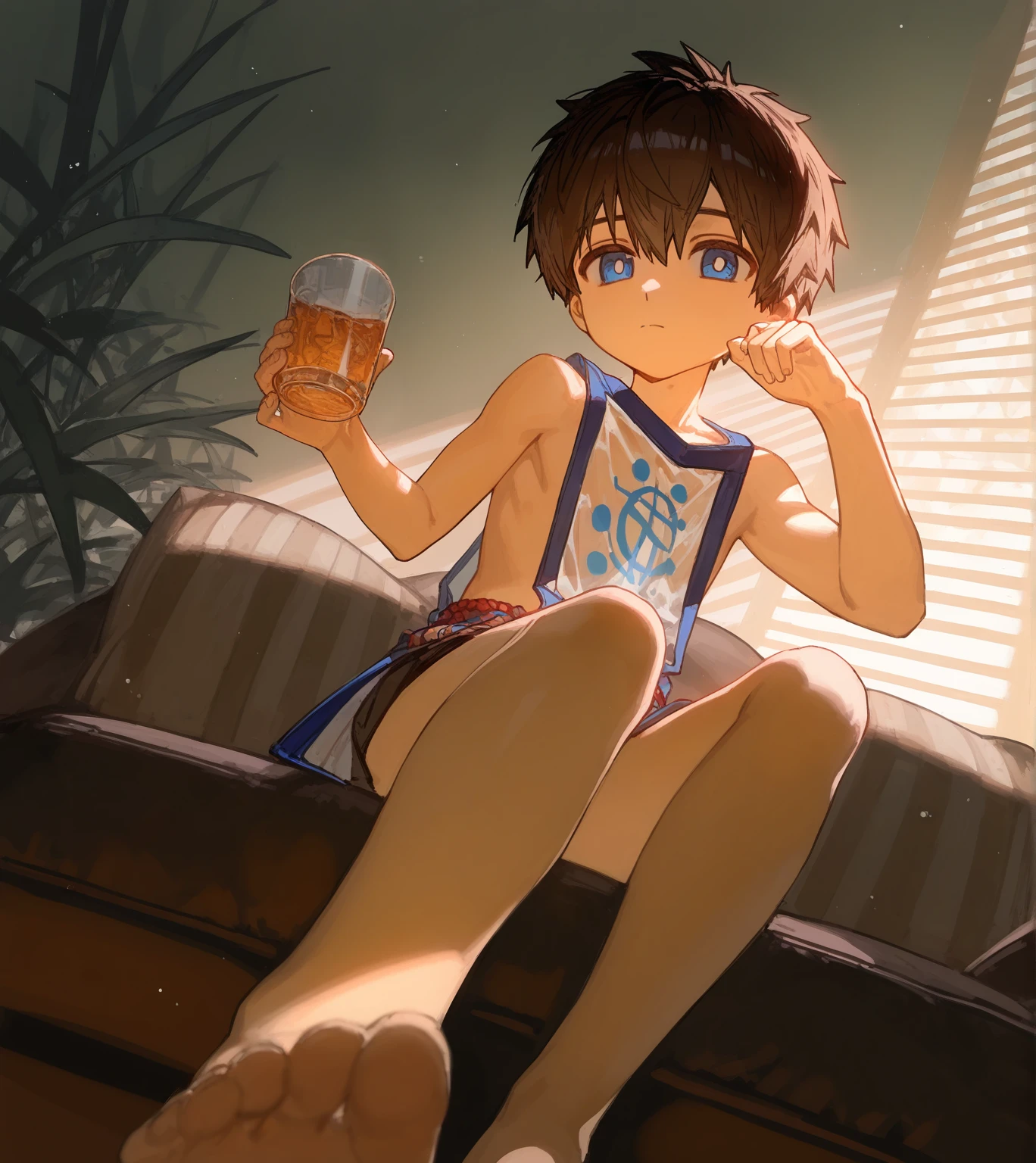 hairy,Shota,swim,(best quality),(masterpiece),Wear only briefs,no shirt,No coat,lying down