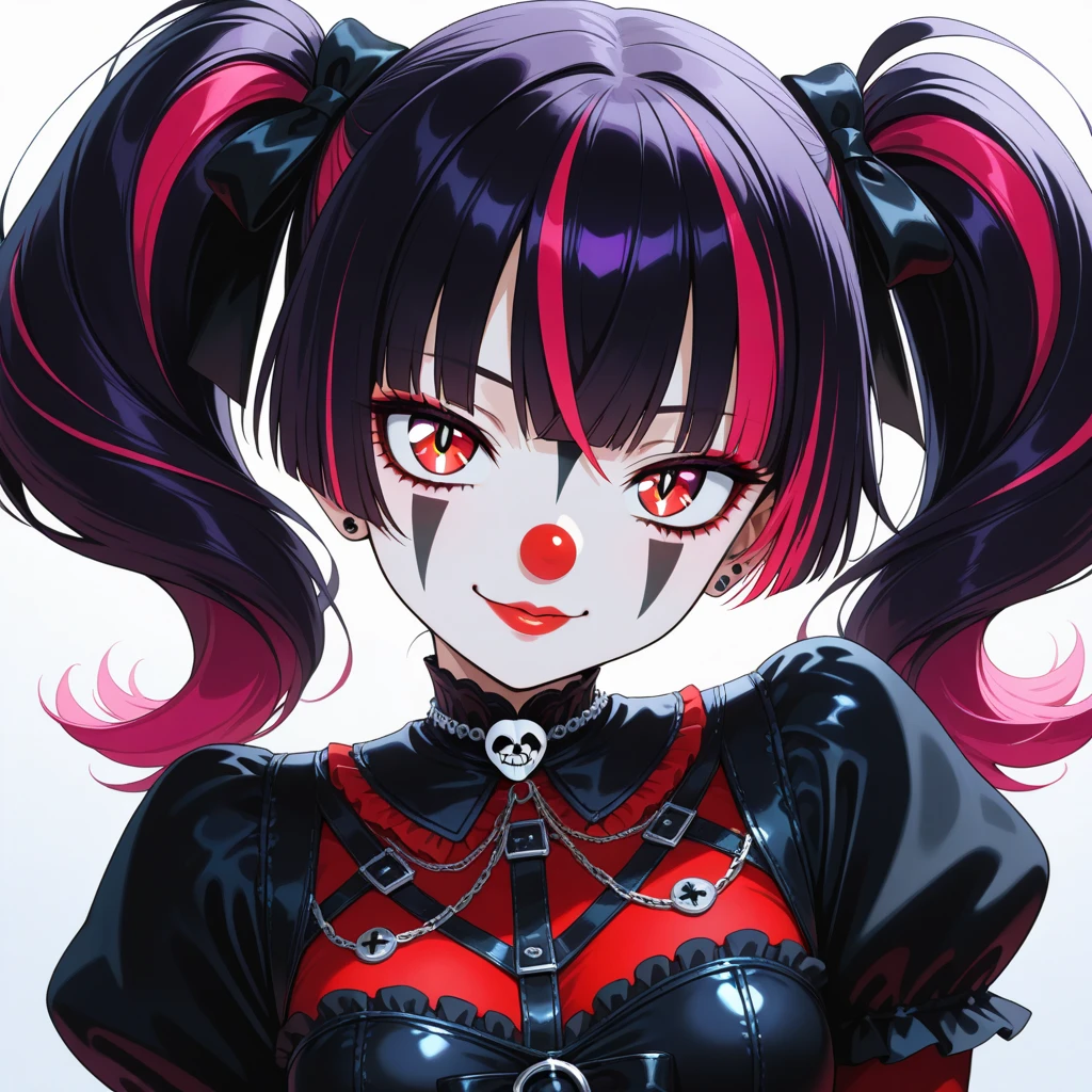 yandere girl, evil smile, portrait, hyper detailed intricate, blood, joker, twin drills curly, detailed background, serious, mask