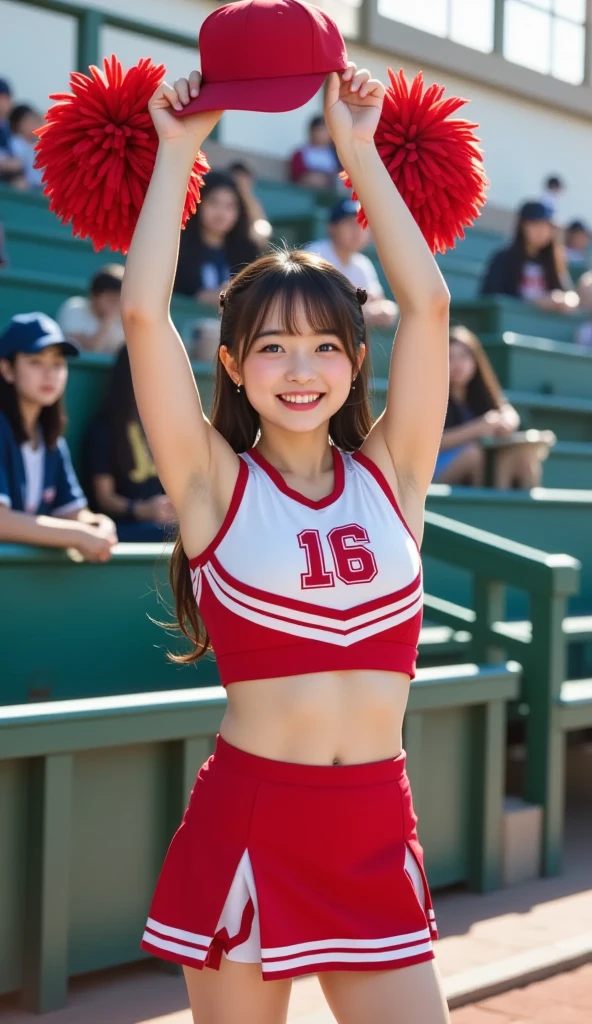 (best quality:1.2), masterpiece, ((anatomically correct proportions : 1.5)), ((perfect proportions)), 1 Japanese girl, (12-year-old, ultra cute kawaii:1.3), ((upper body)), solo, smile, standing, looking at viewer, (nup, cheerleader:1.2), (wearing Cheerleader's sleeveless shirt and pleated mini skirt) , ((focus on her armpits)), (((Sweaty armpits))), Armpit depression, ((((Dimpled Armpits)))), ((((Deeply wrinkled armpits))))