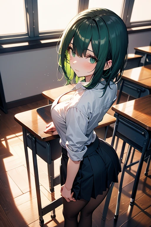 Kayama Nemuri, gray tailored suit, Short skirt, black stockings, medium glutes, medium legs, smiling, Classroom, sunrise