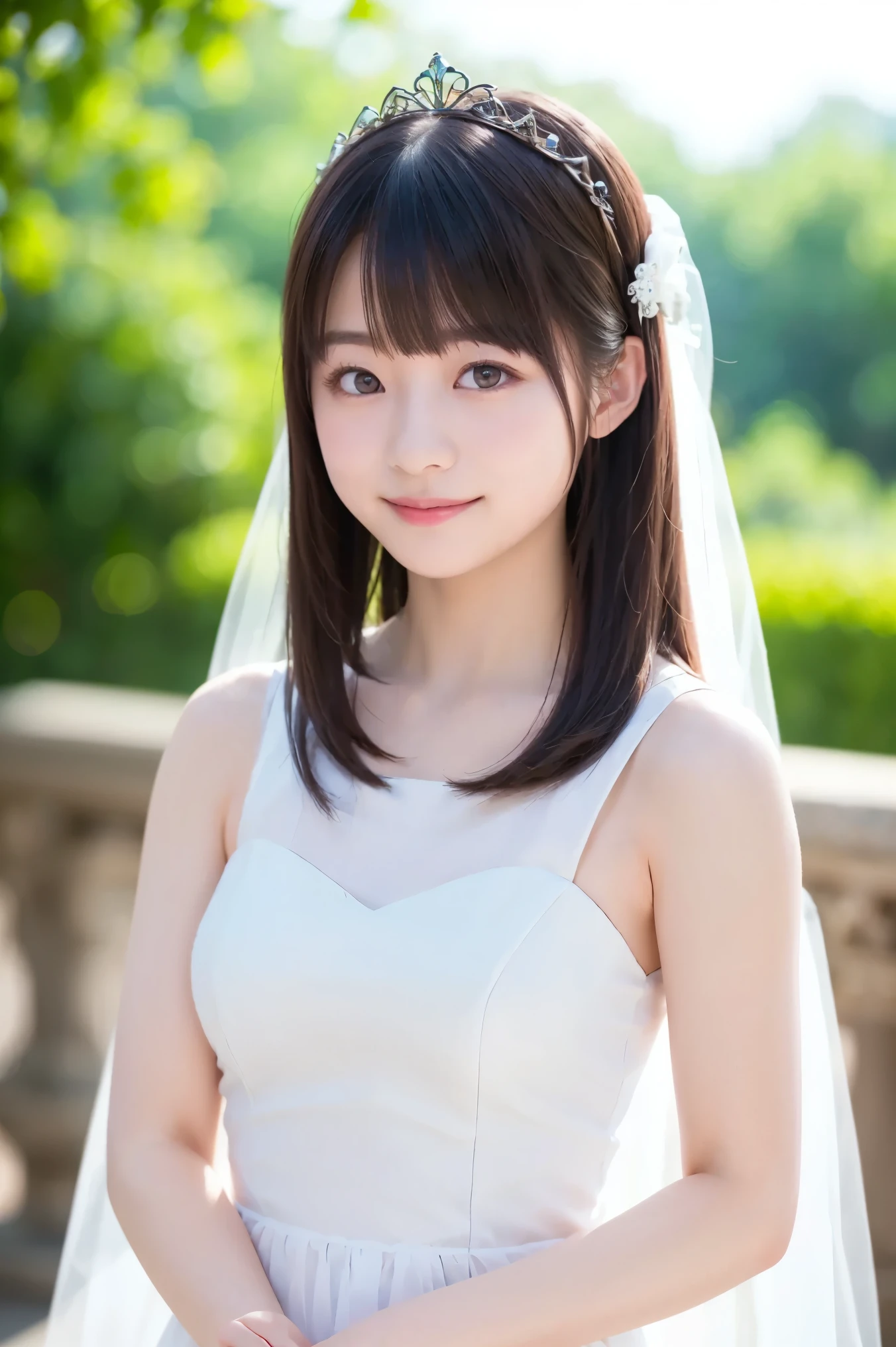 Bridal gown,Elegant Spirituality,cute Japanese woman with a gentle smile,Exquisite crown decoration,Light makeup,Light flowing tulle,Noble Elegance,Outdoor natural greenery,Warm radiance,Delicate soft texture,4k HD,Professional Exquisite,Realistic photography
